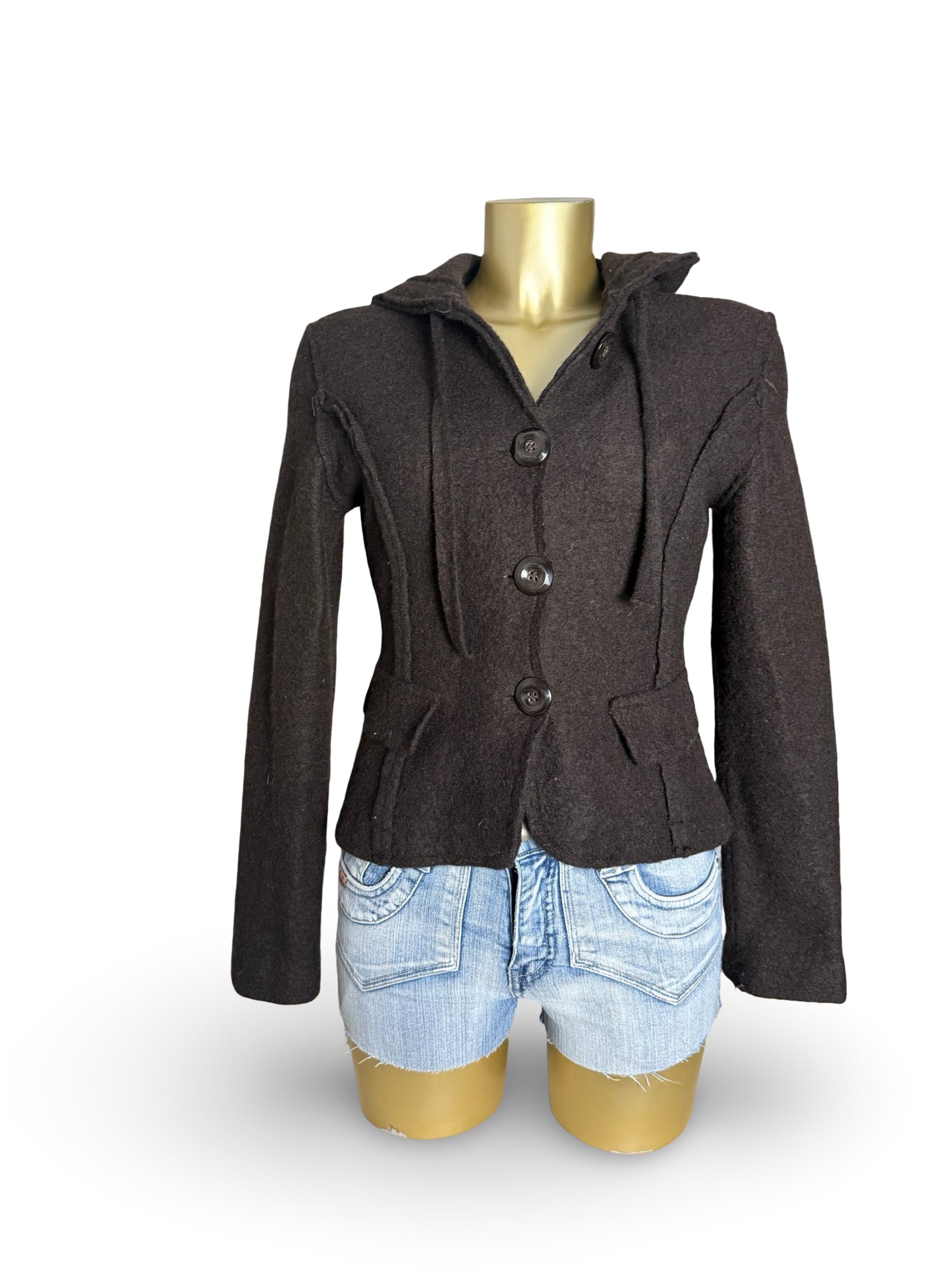 Brown hooded 100% wool tight fit jacket (S)