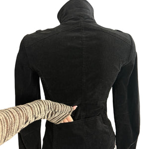 Black zip up velvet ribbed tight fit biker jacket (S)