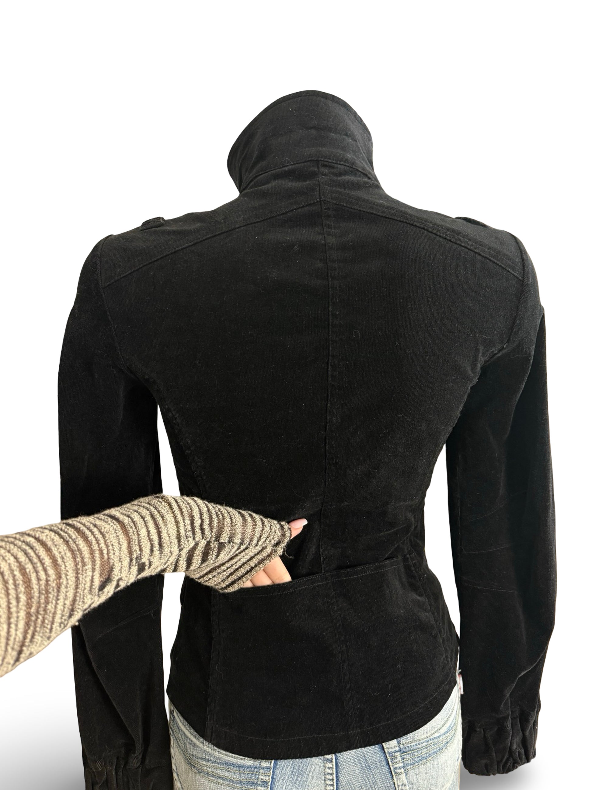 Black zip up velvet ribbed tight fit biker jacket (S)