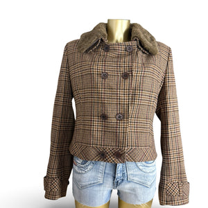 Beige check print wool trench jacket (XL)