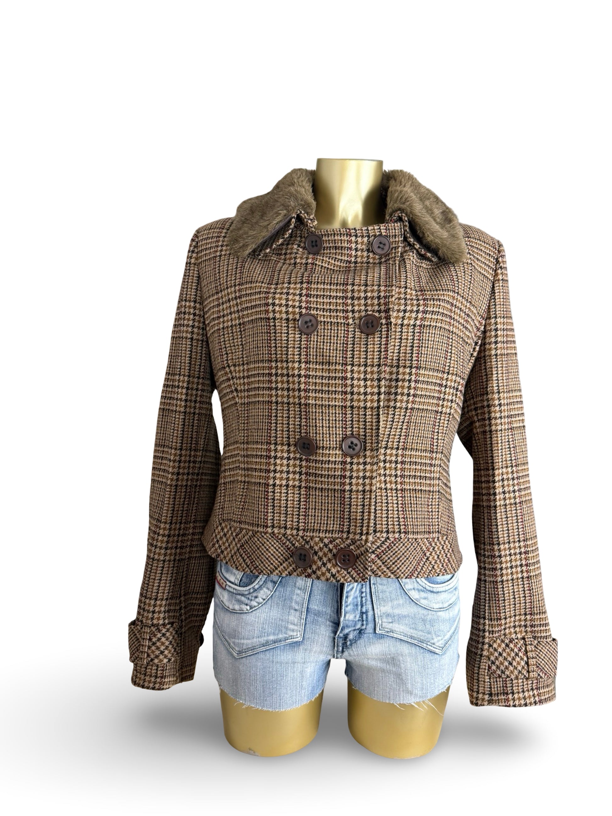 Beige check print wool trench jacket (XL)