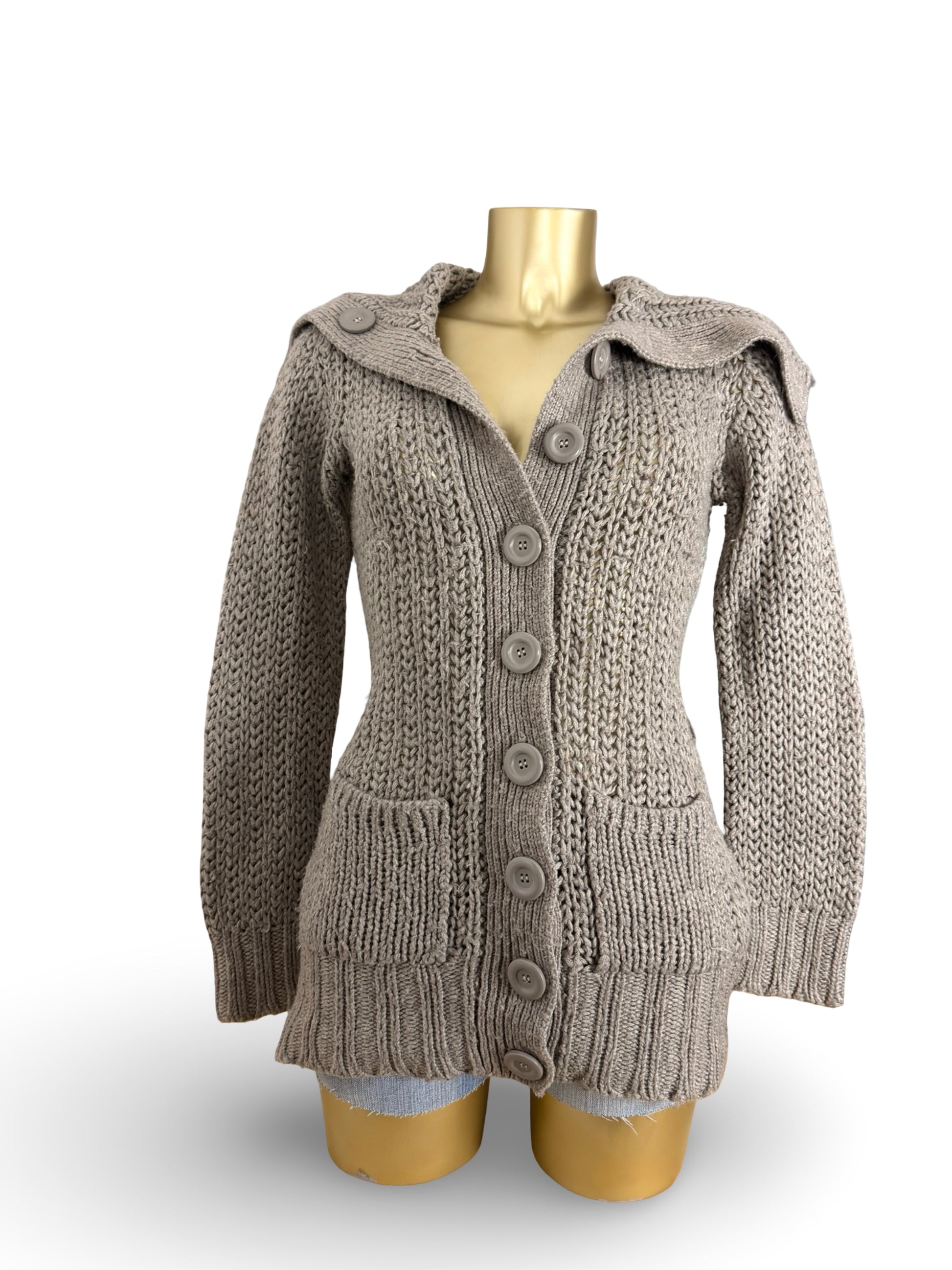Beige high neck buttons up cardigan jumper (S)
