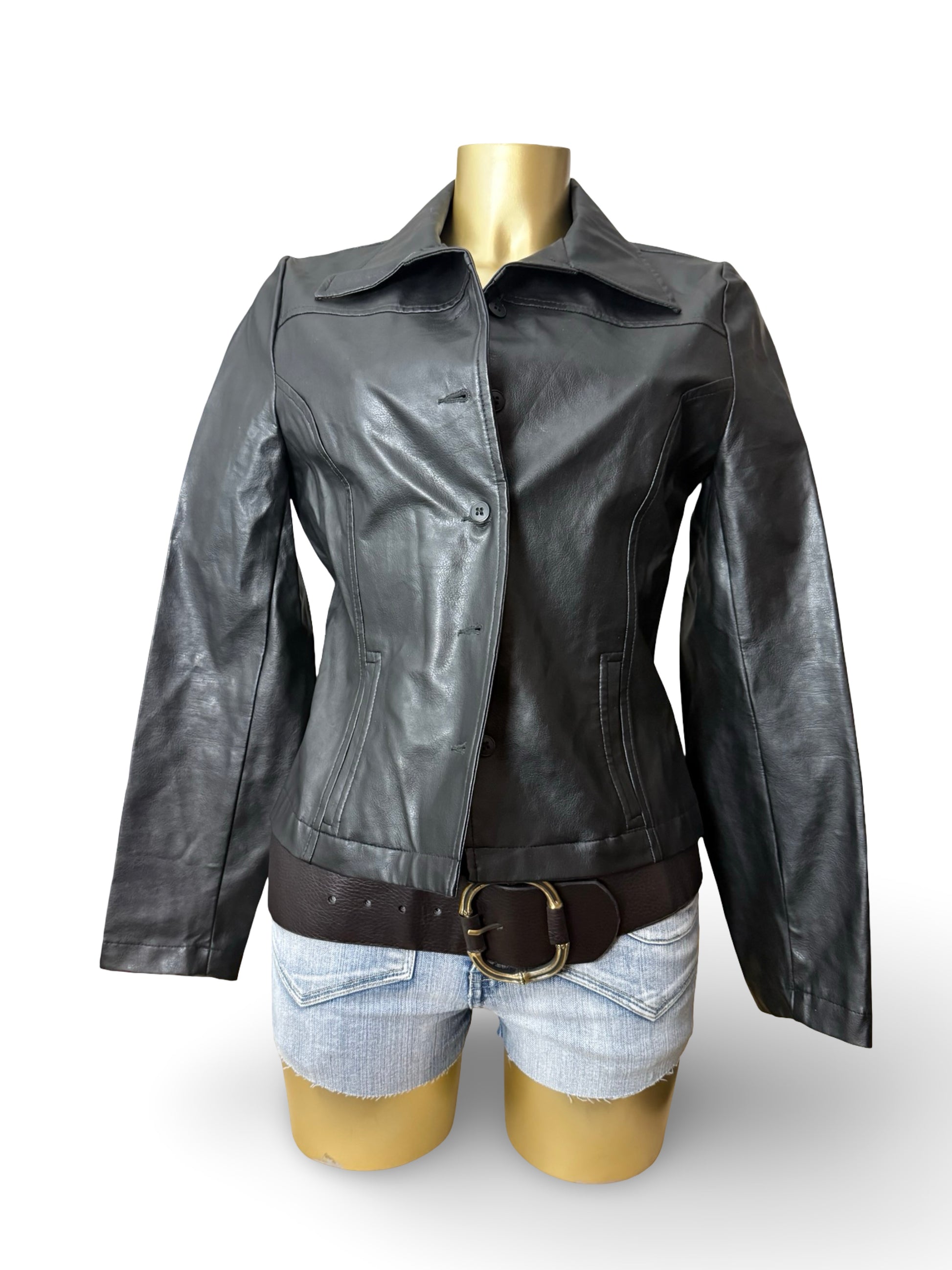 Black pvc leather buttons up tight fit blazer jacket (M/L)