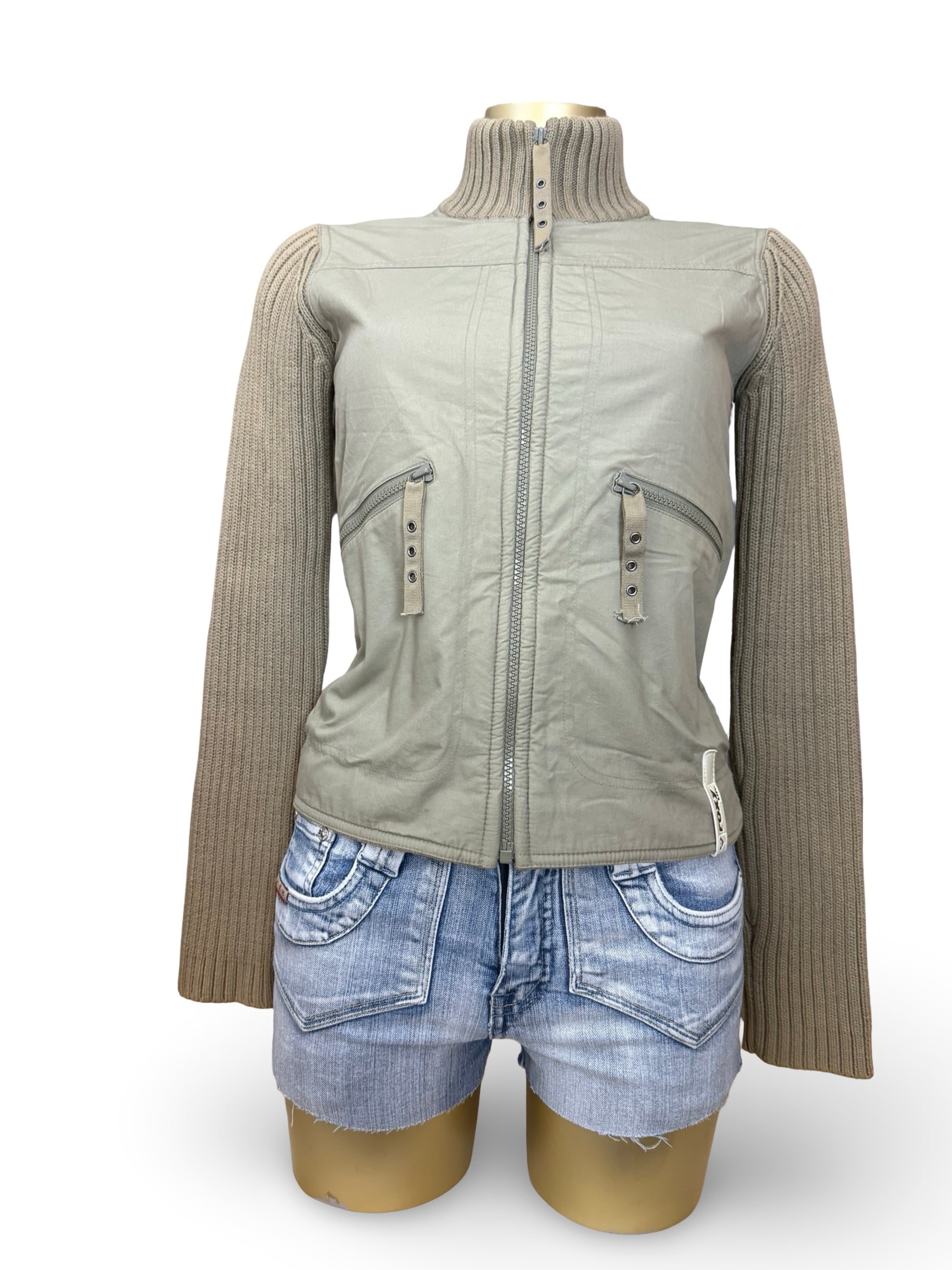 Khaki zip up cotton biker jacket (S)