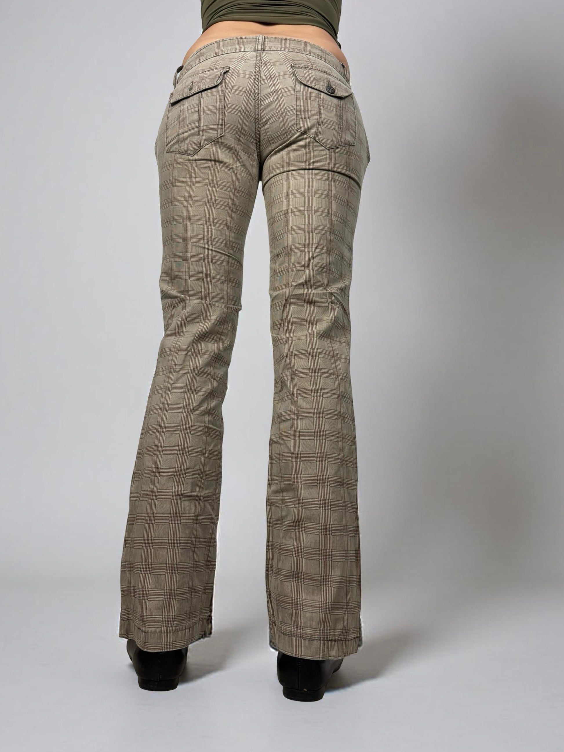 Beige check print low rise straight legs pants (S)