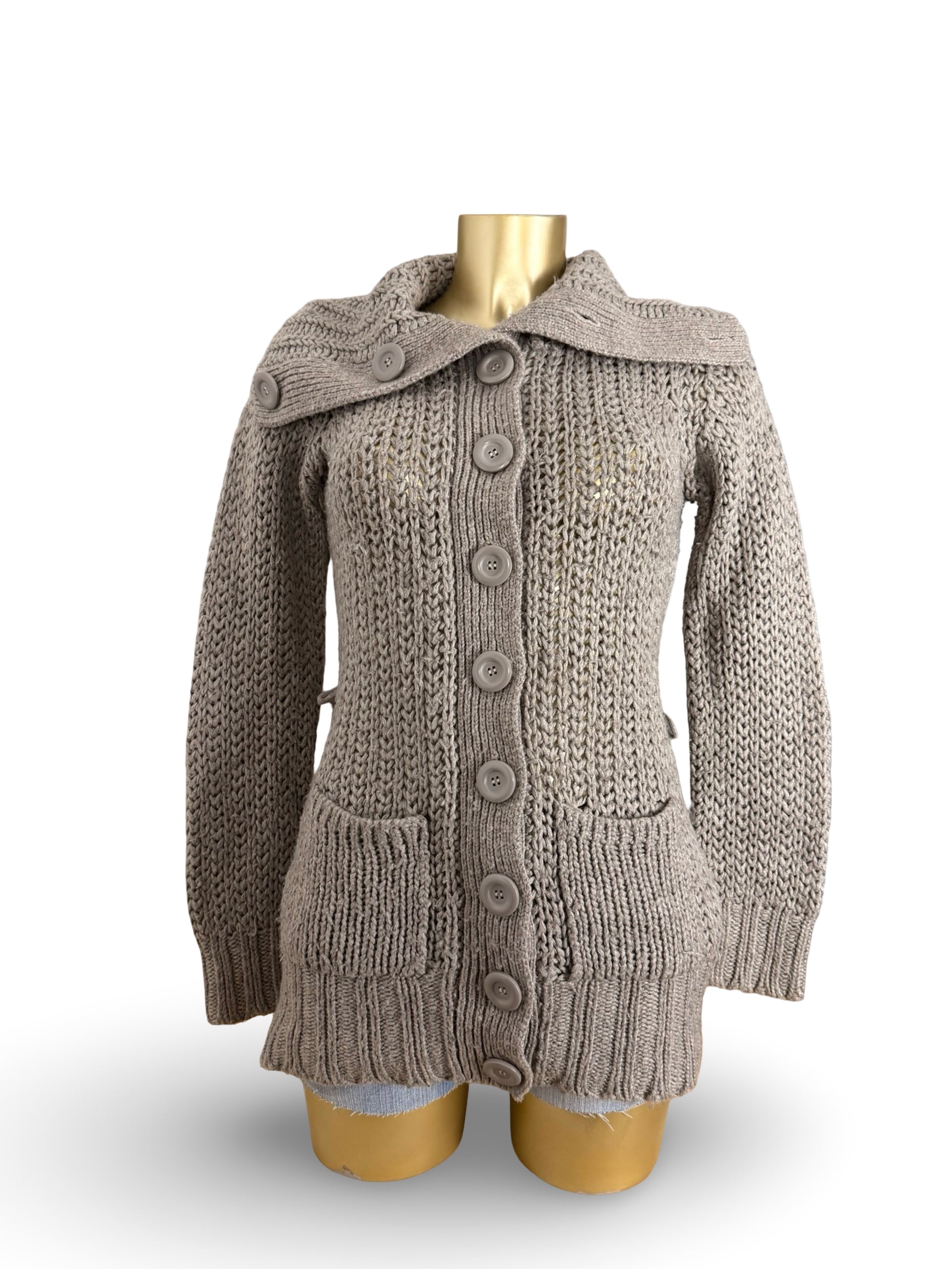 Beige high neck buttons up cardigan jumper (S)