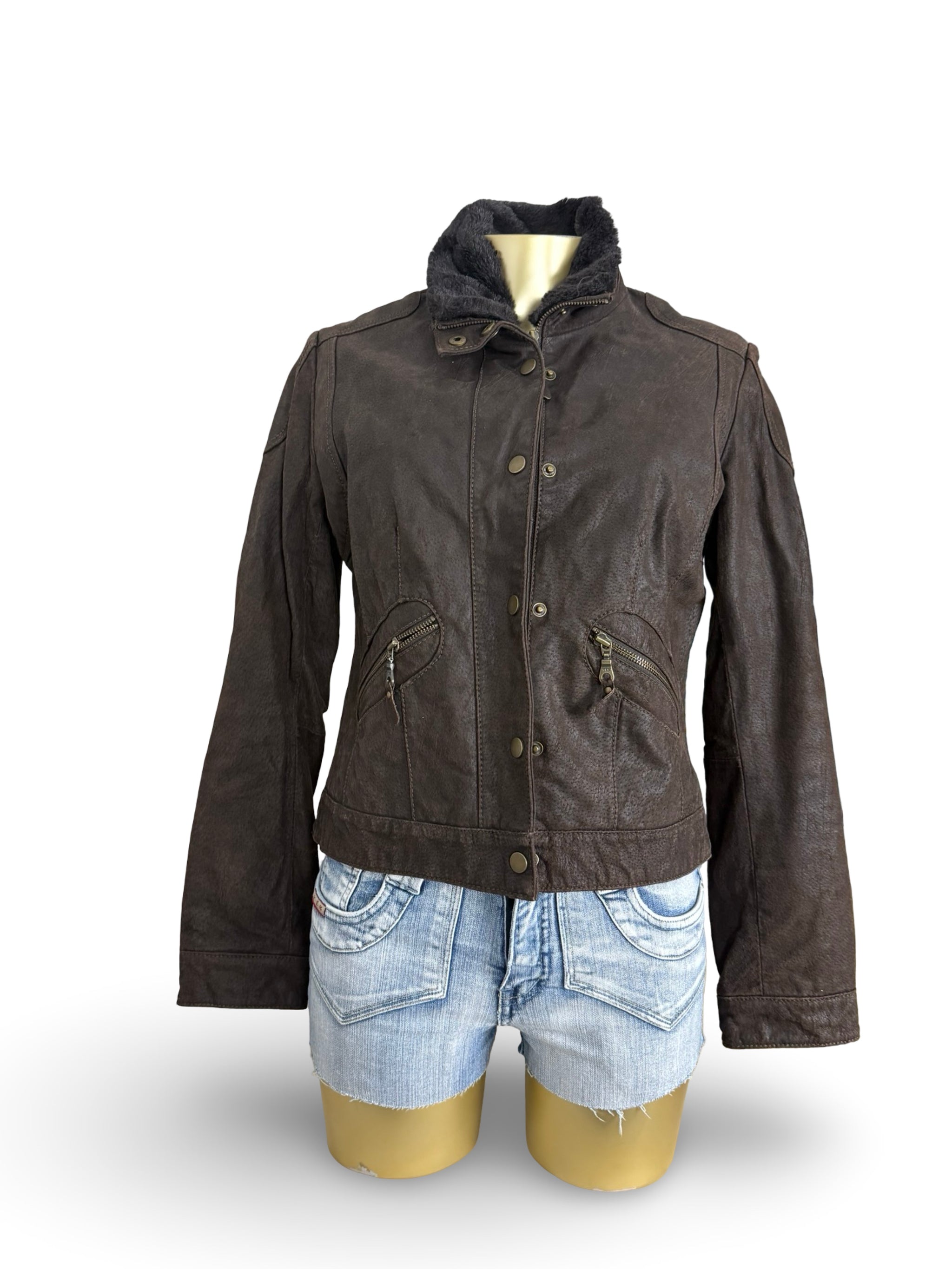 Brown real suede leather biker jacket (S)