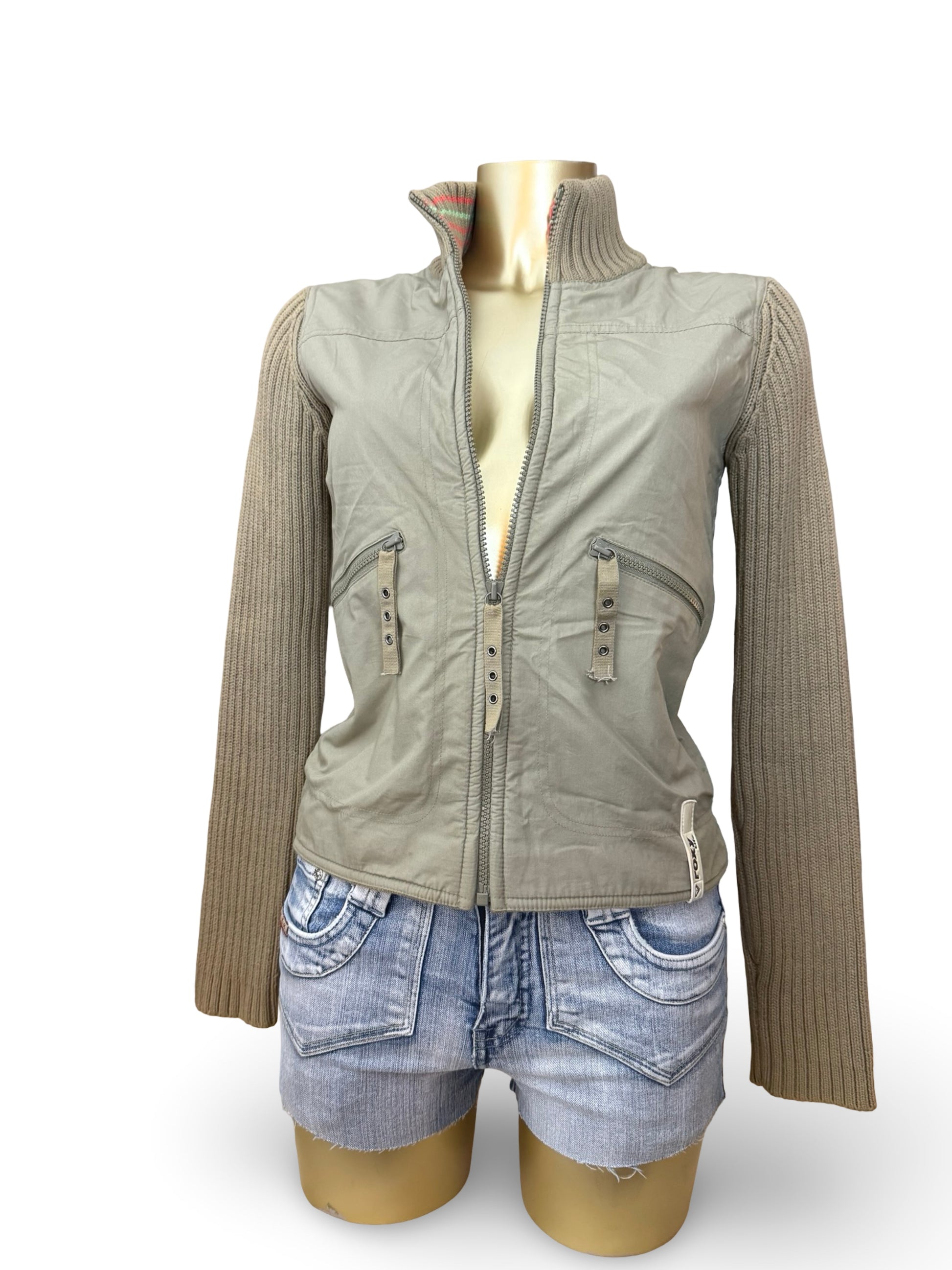 Khaki zip up cotton biker jacket (S)