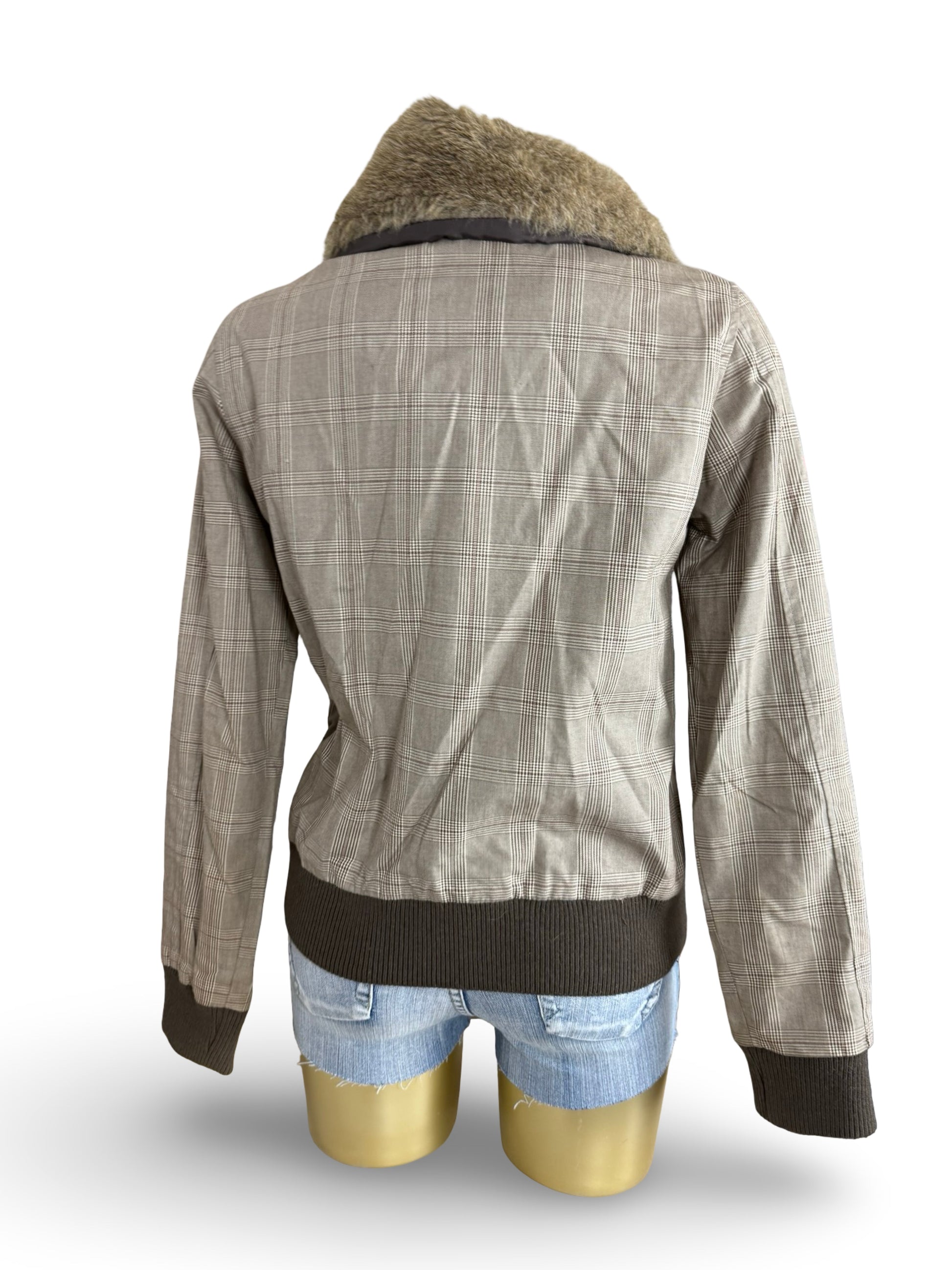 Beige check print faux fur neck biker jacket (L)