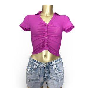 Purple ruched polo neck tee (S)