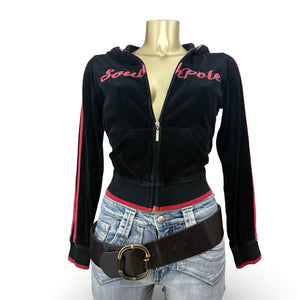 Black velvet zip up logo hoodie (S/M)