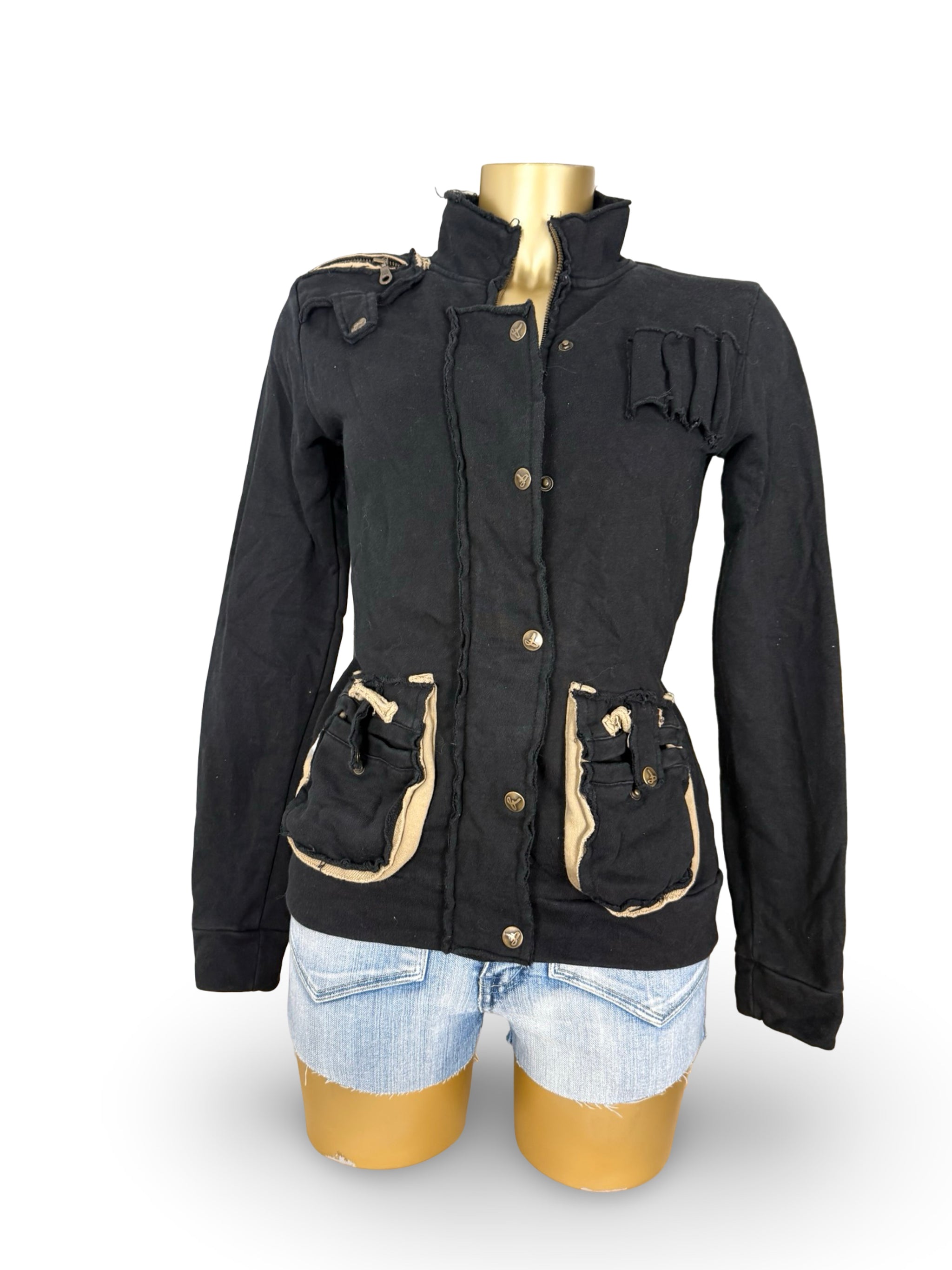 Black 100% cotton zip up biker jacket (M)