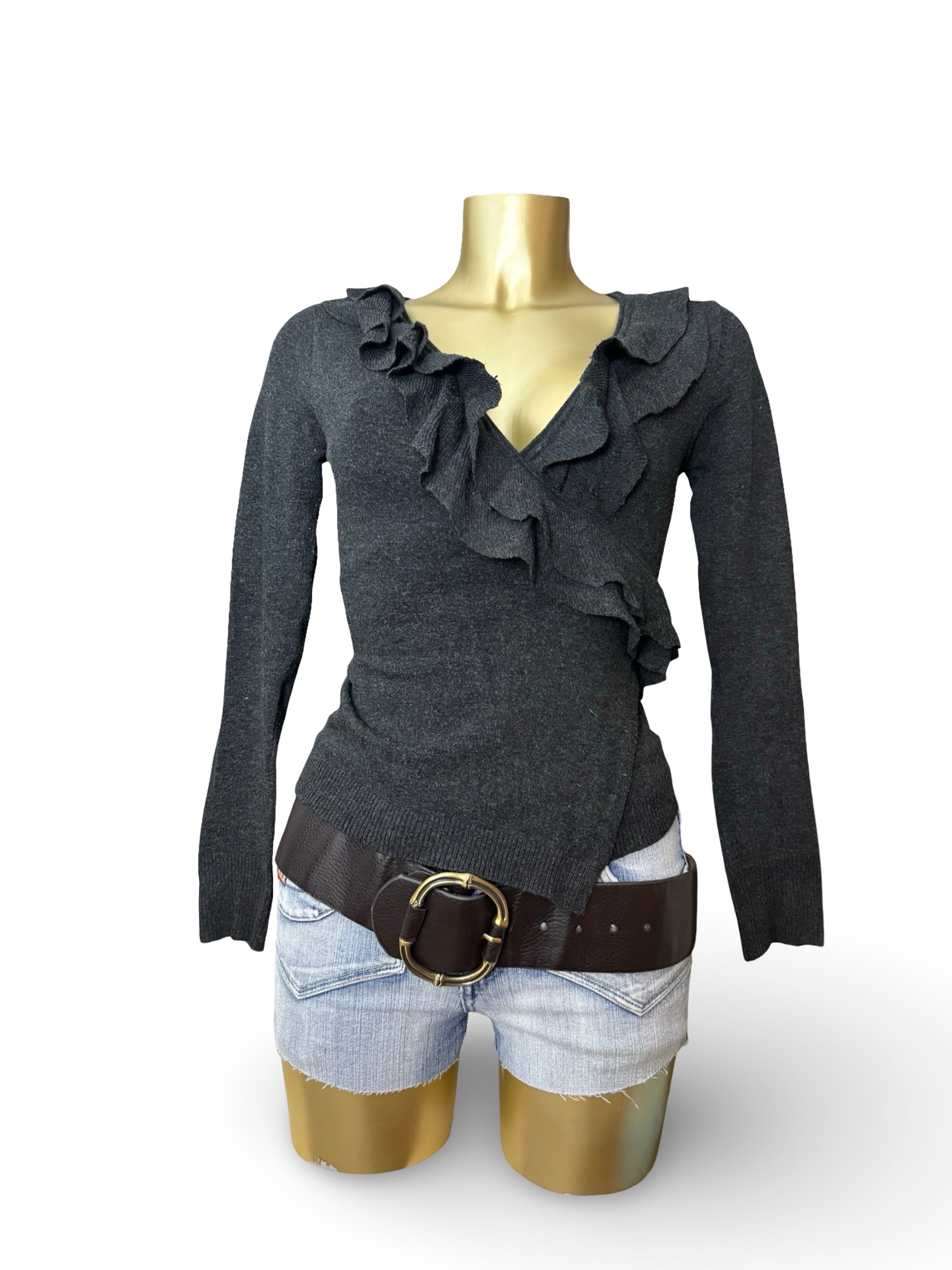 Black ruffles cashmere & silk tie up cardigan jumper (S/M)