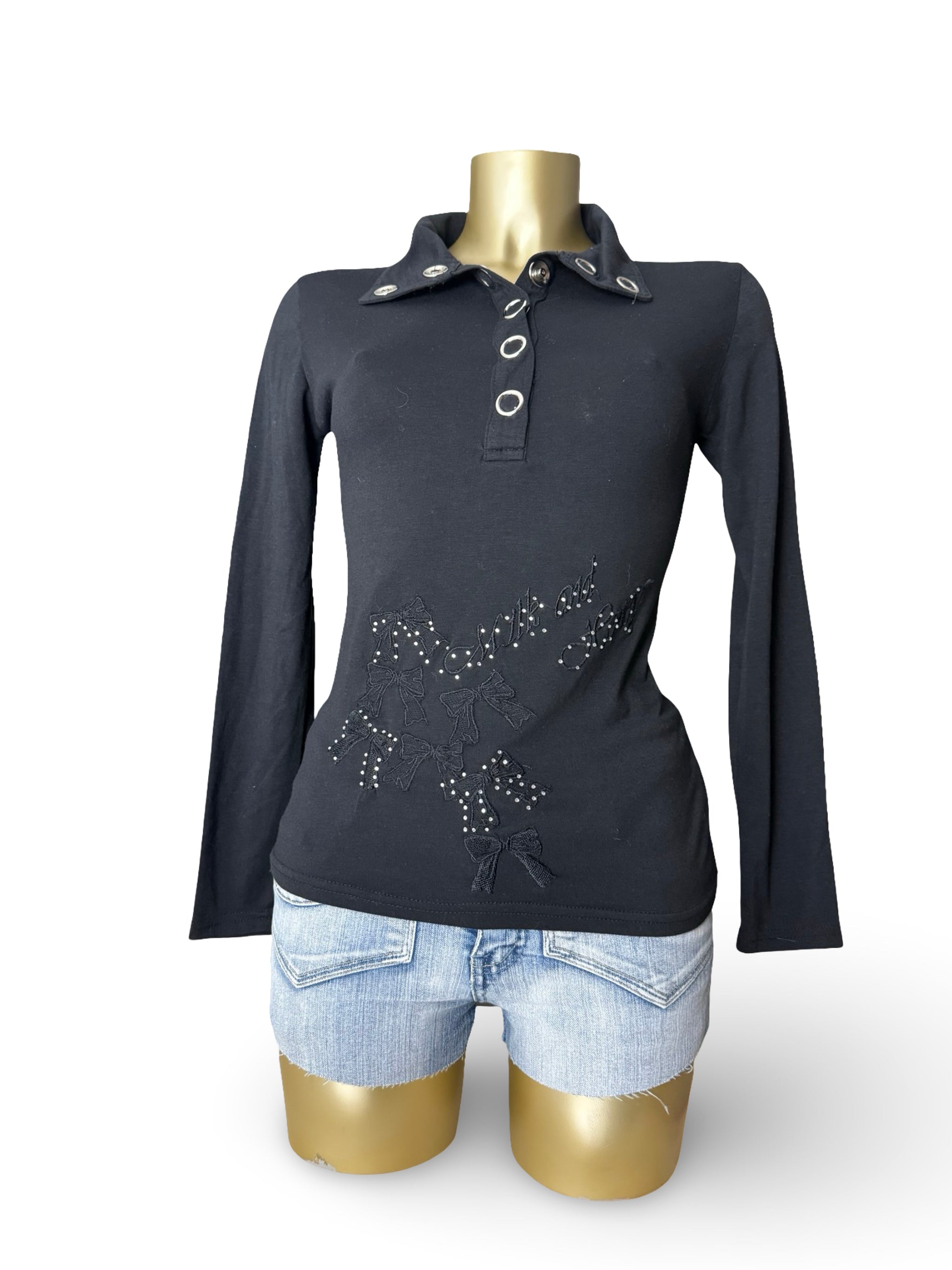 Black polo lace bow long sleeves top (S/M)
