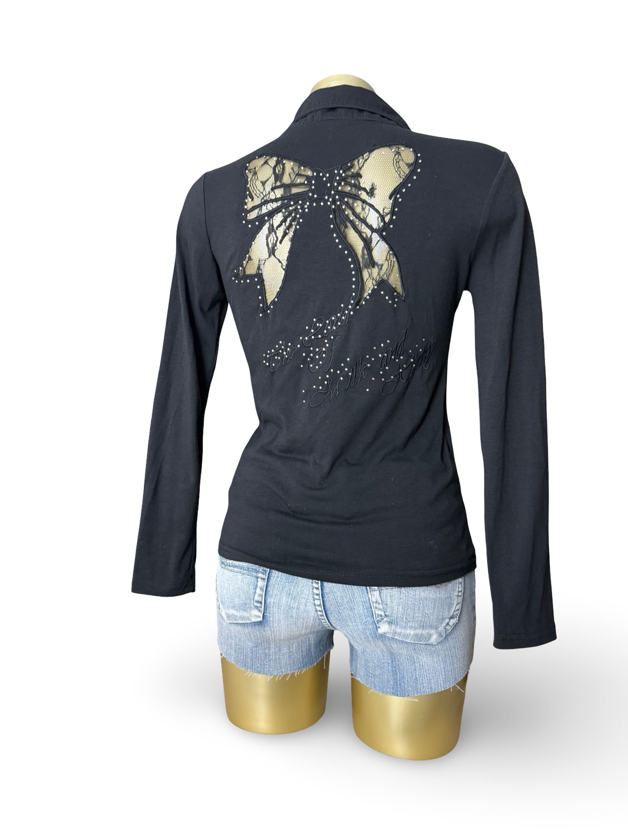 Black polo lace bow long sleeves top (S/M)