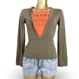 Khaki graphic print long sleeves top (S/M)