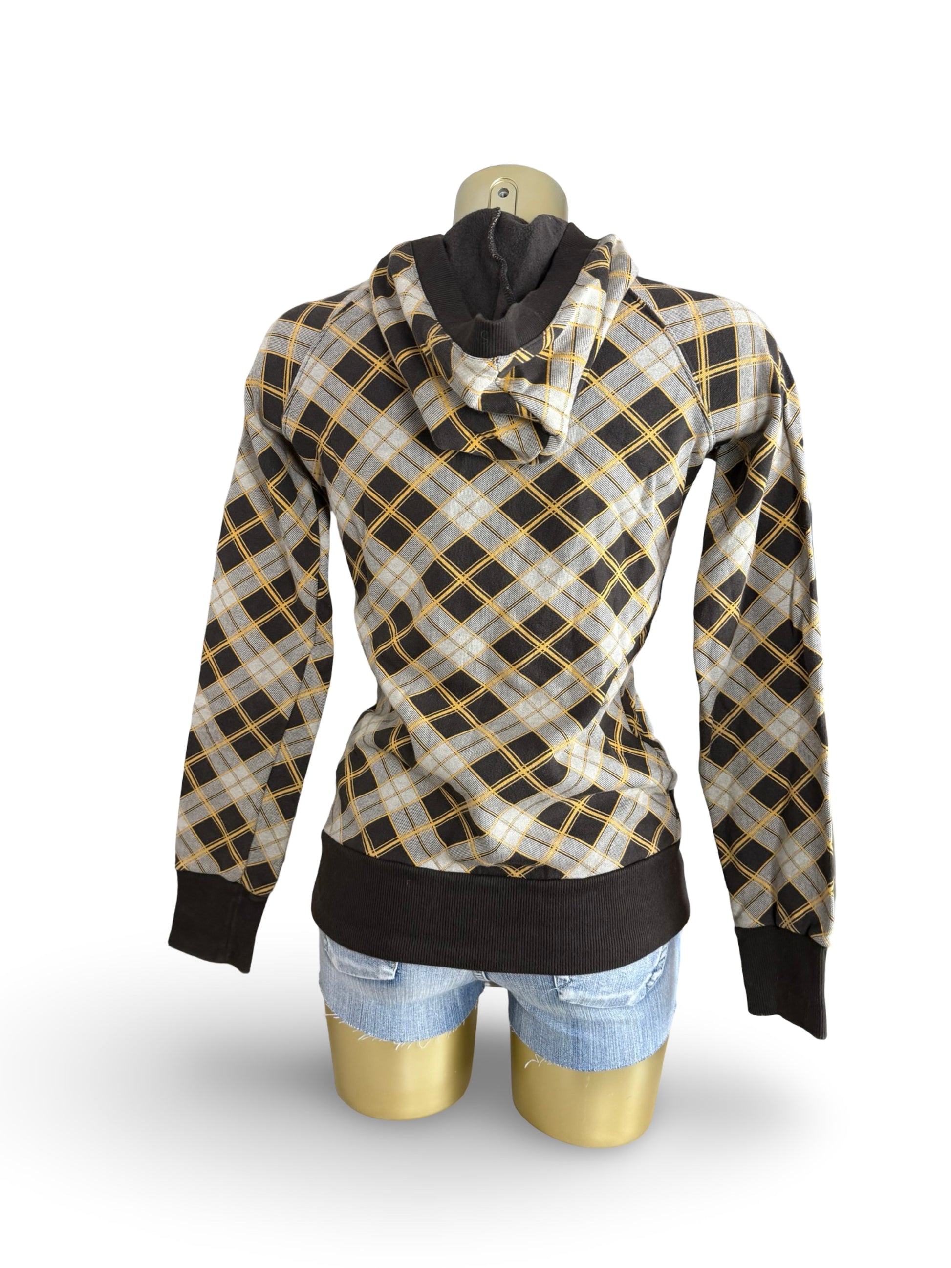 Brown check print cotton hoodie (S)