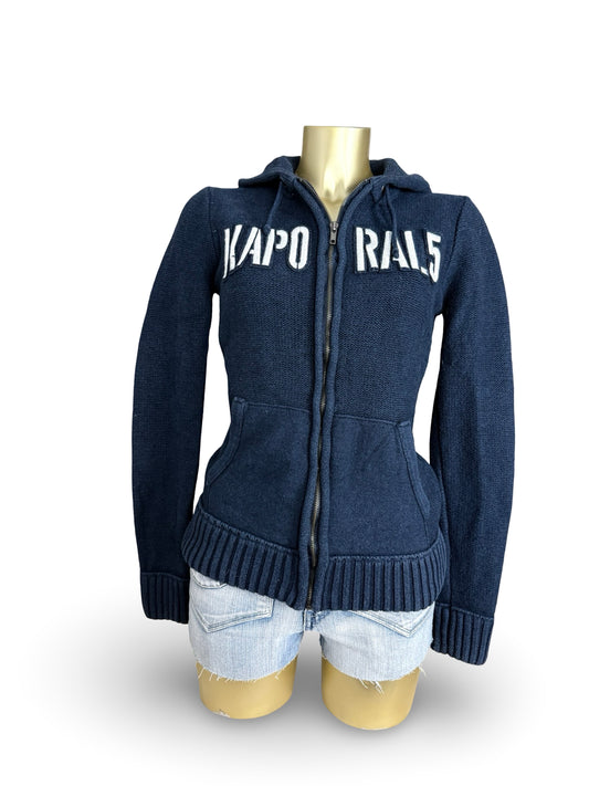 Navy cotton & wool  tight fit zip up knitted hoodie (XS/S)