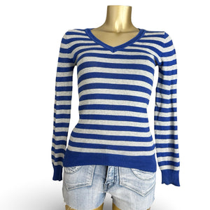 Blue & grey striped V neck jumper (S)