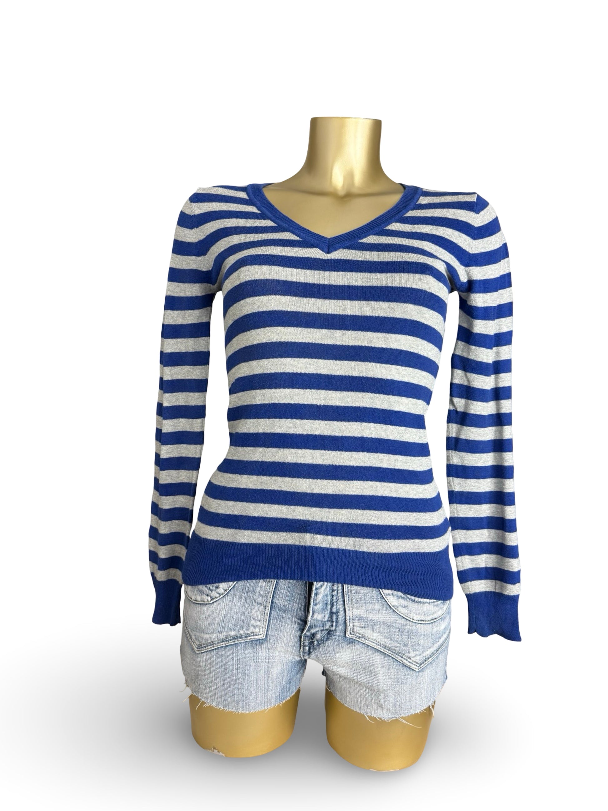 Blue & grey striped V neck jumper (S)