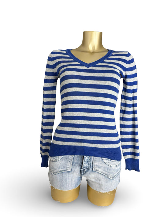 Blue & grey striped V neck jumper (S)