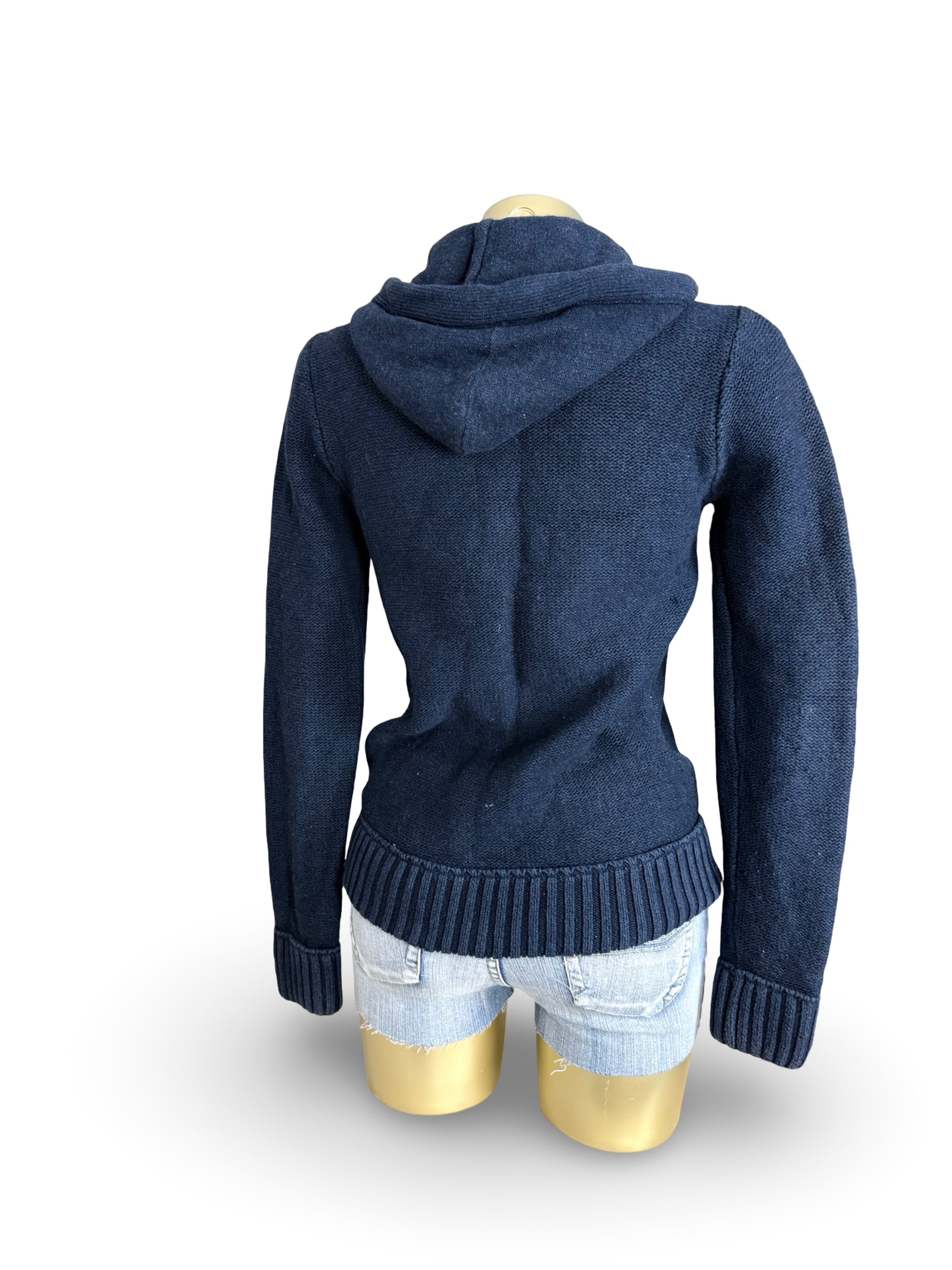 Navy cotton & wool  tight fit zip up knitted hoodie (XS/S)