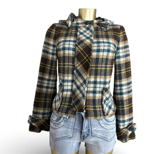 Beige check print hooded wool coat (M)
