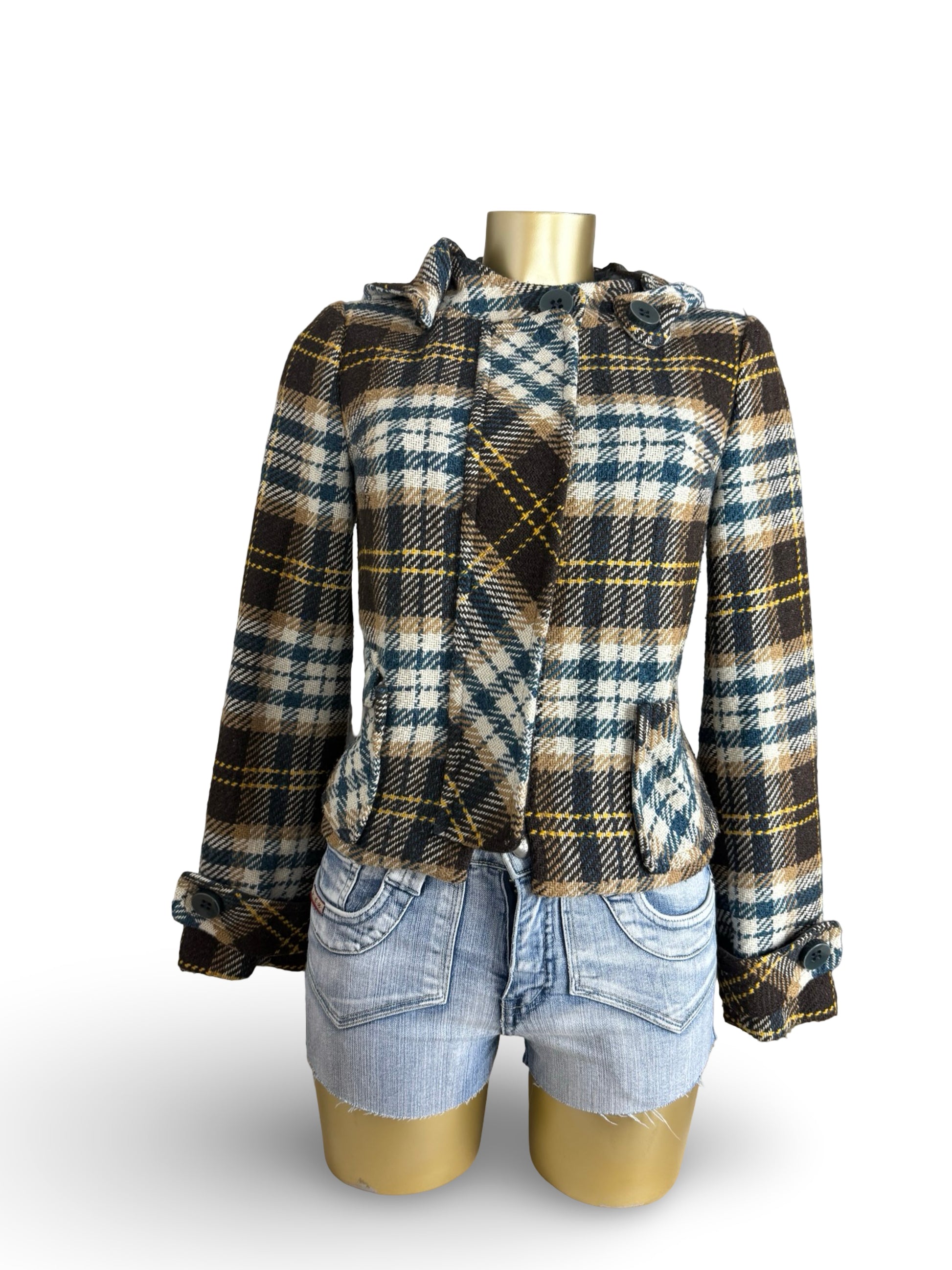 Beige check print hooded wool coat (M)