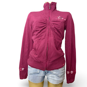 Burgundy 100% cotton ruched zip up tight fit sweatshirt (M)