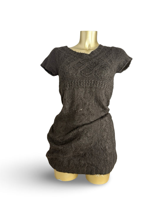 Brown knitted short sleeves mini dress (M)