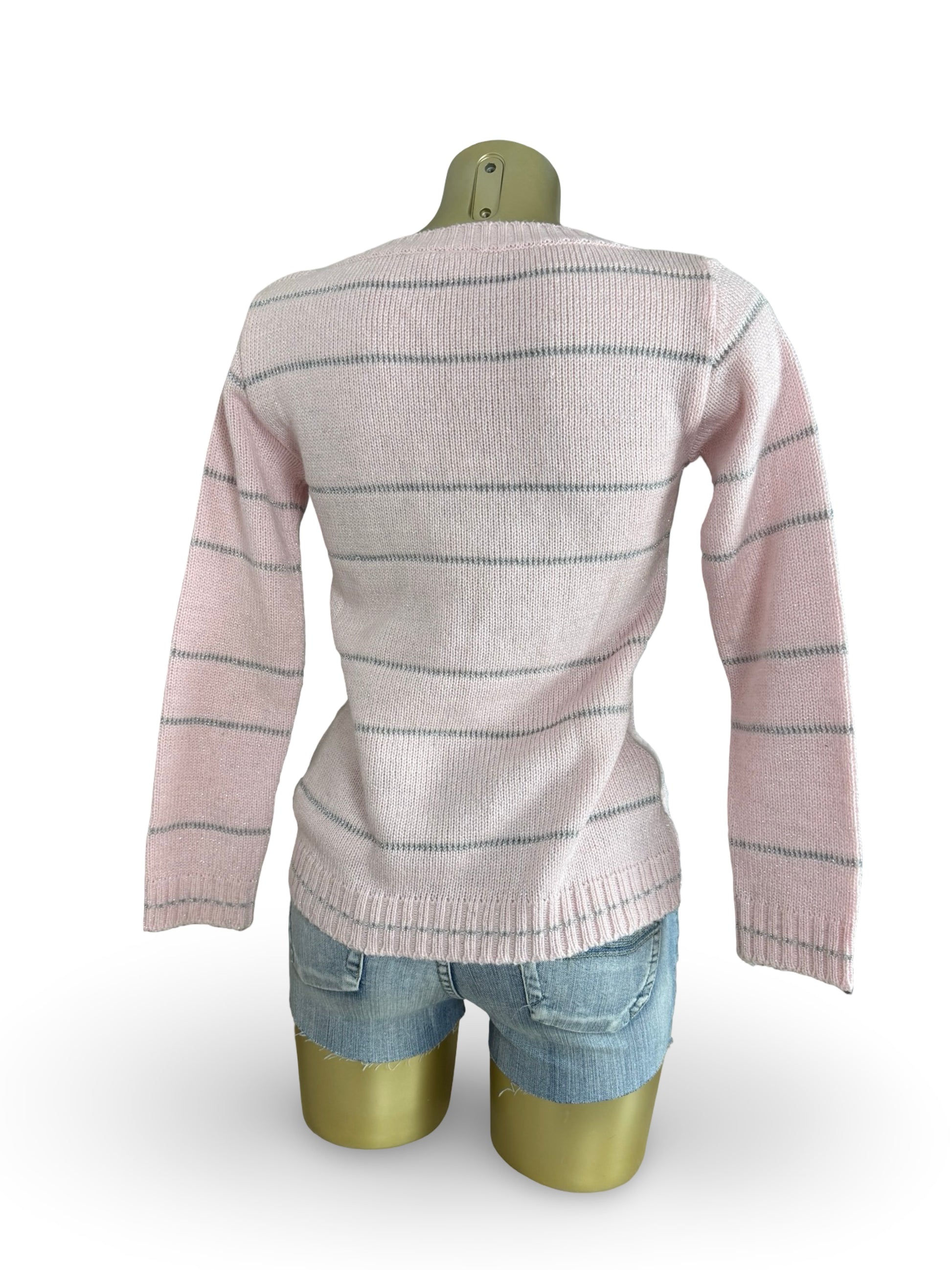 Baby pink striped V neck wool jumper (XS)