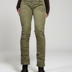 Khaki denim low rise ruched skinny pants (S)
