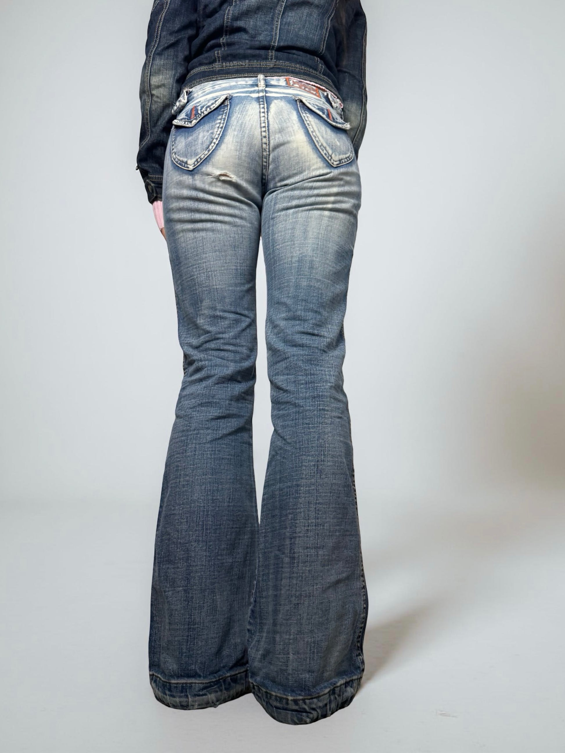 Blue denim low rise flare pants (S)