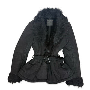 Black suede faux fur neck afghan coat (S/M)