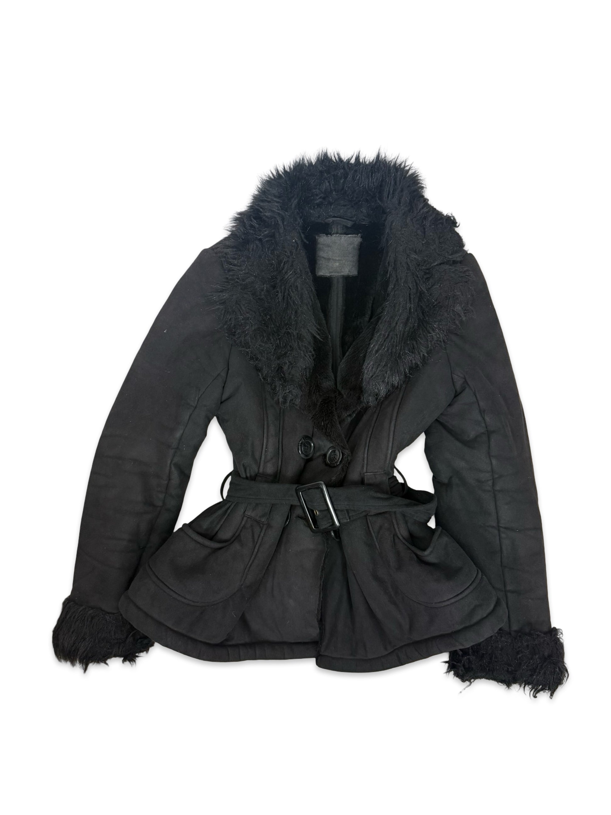 Black suede faux fur neck afghan coat (S/M)