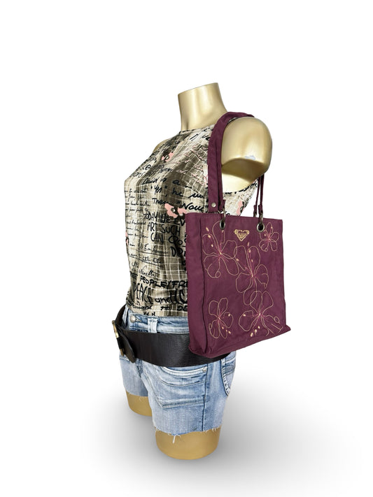 Purple embroidered hibiscus floral shoulder bag (30x26 cm)