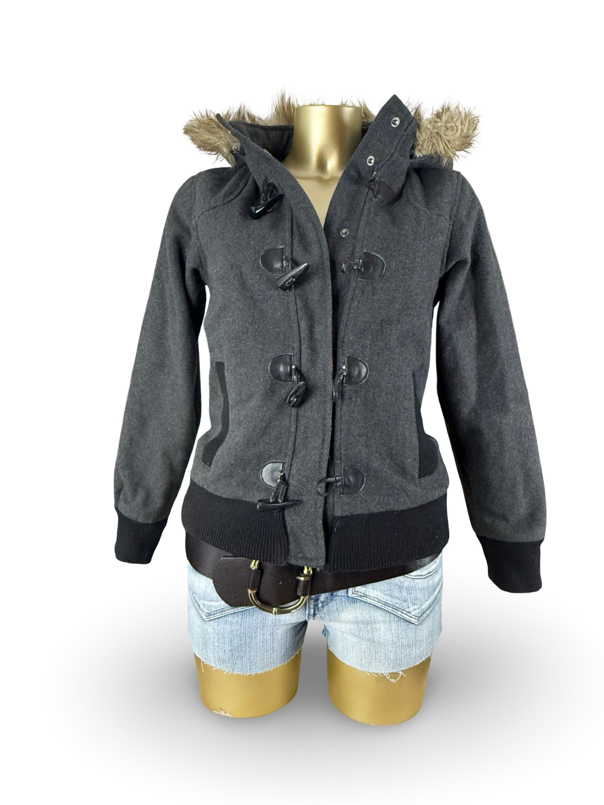 Grey faux fur hooded tight fit jacket (S)