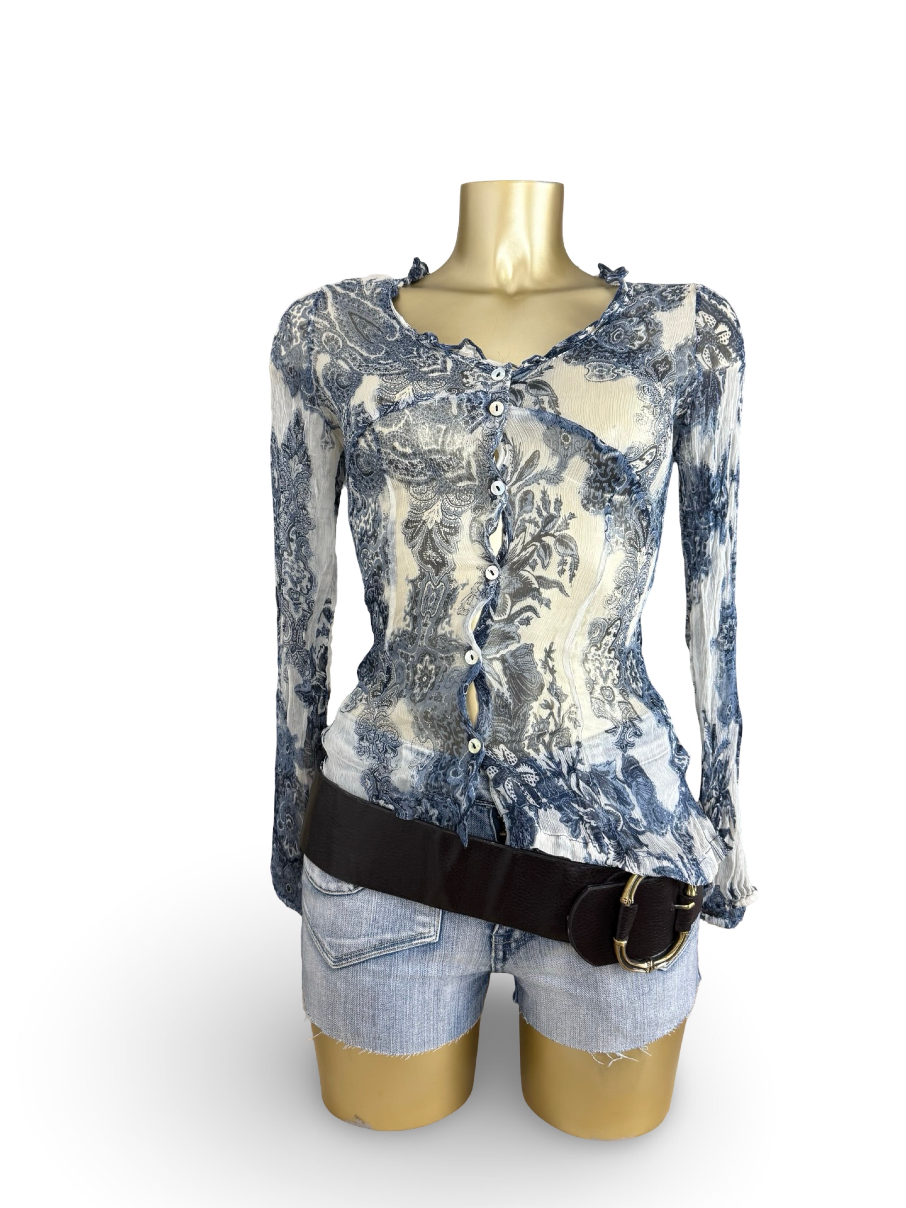 Blue see trough mesh silky long sleeves top (S)
