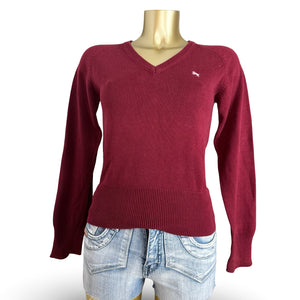 Burgundy V neck 100% cotton jumper (S)