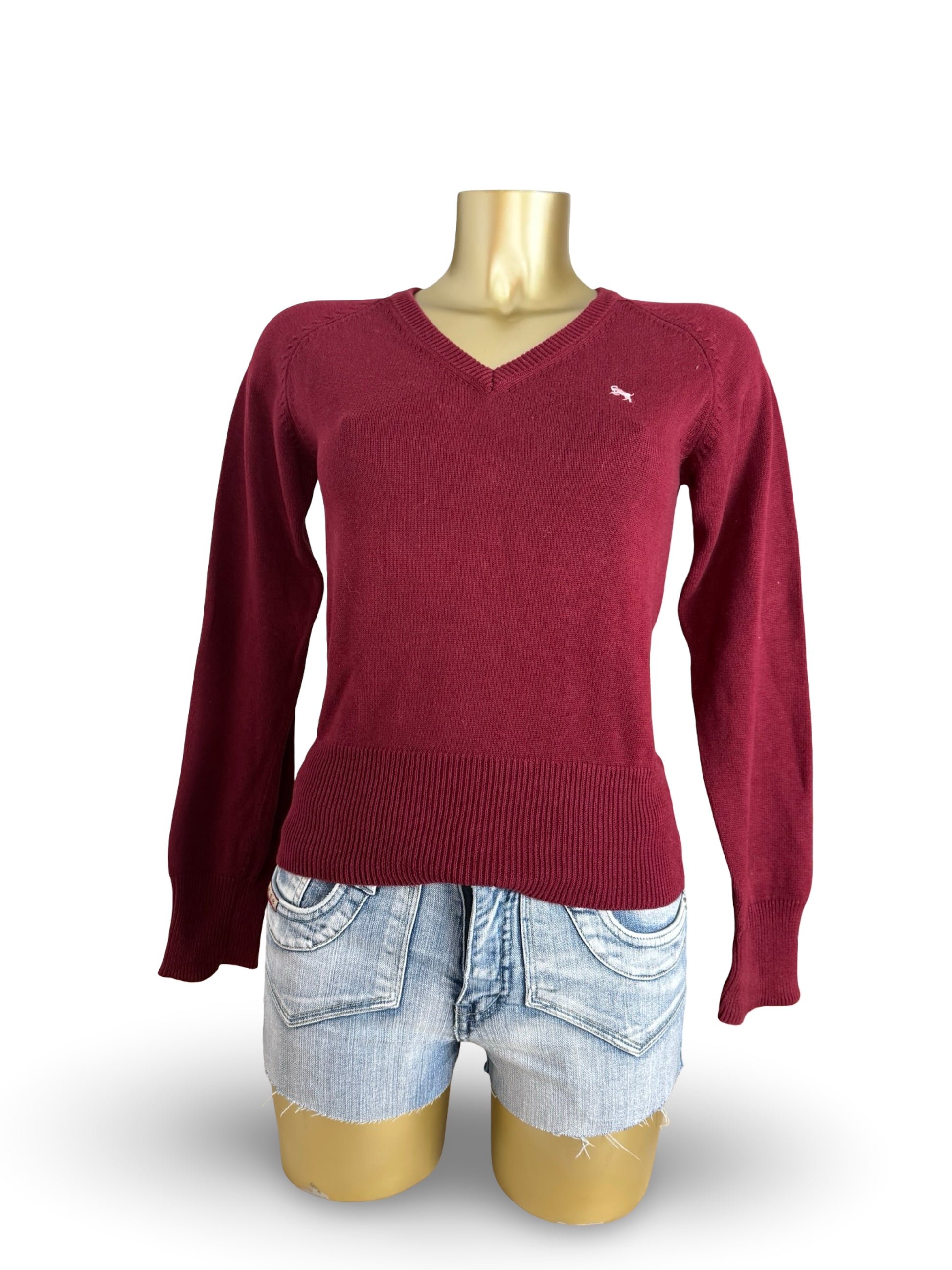 Burgundy V neck 100% cotton jumper (S)