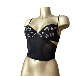 Black mesh embroidered corset top (S)