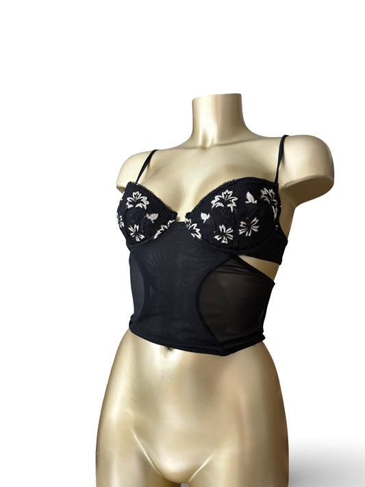 Black mesh embroidered corset top (S)