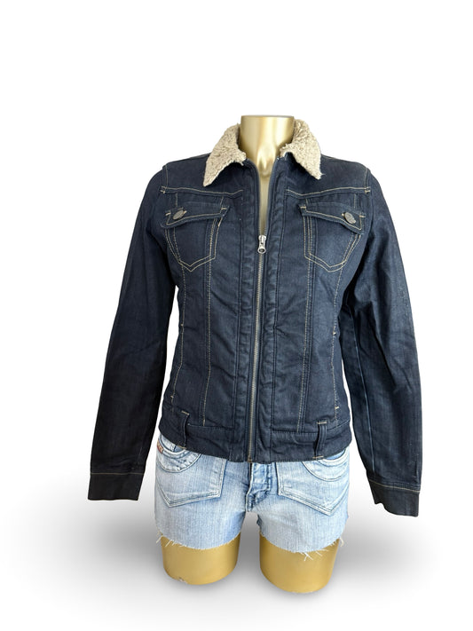 Navy denim & faux fur zip up biker jacket (S/M)