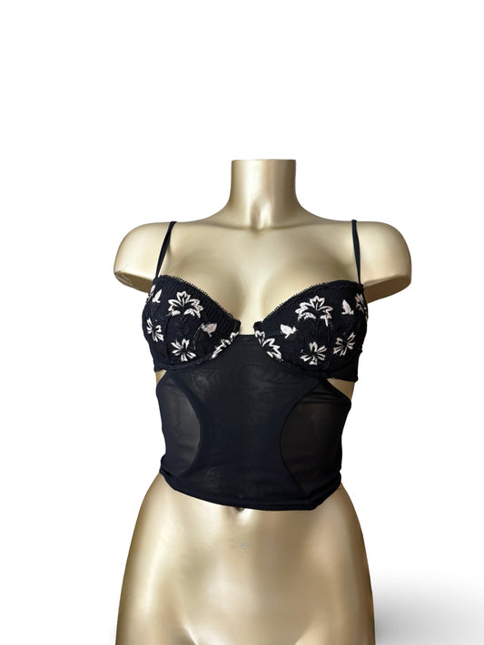 Black mesh embroidered corset top (S)