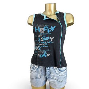 Black zip up cotton graphic tank top (L)