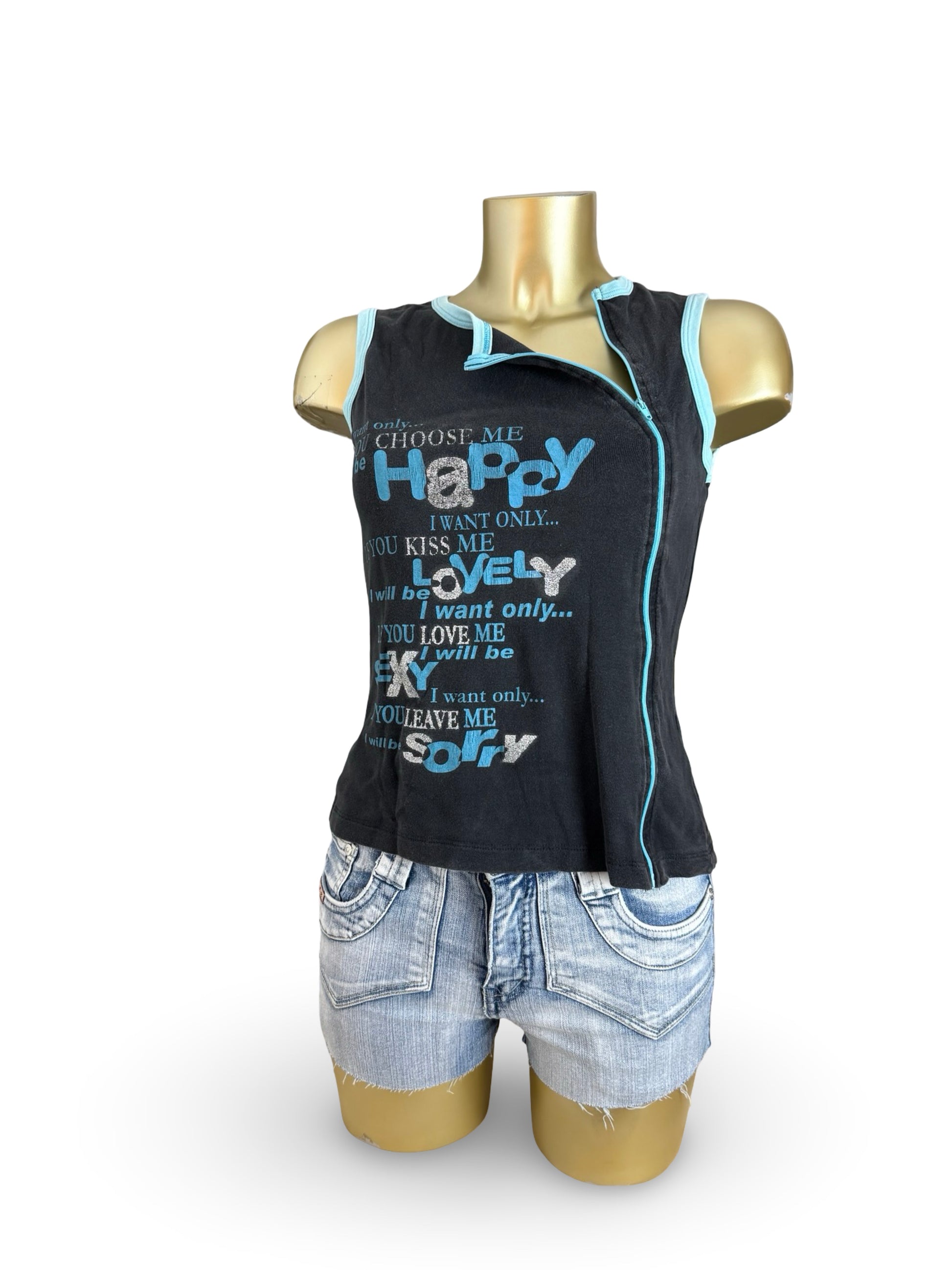 Black zip up cotton graphic tank top (L)