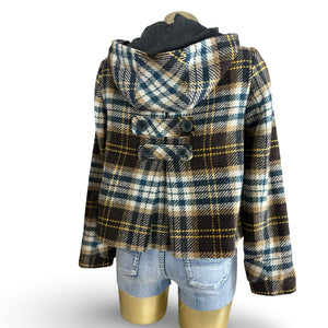Beige check print hooded wool coat (M)