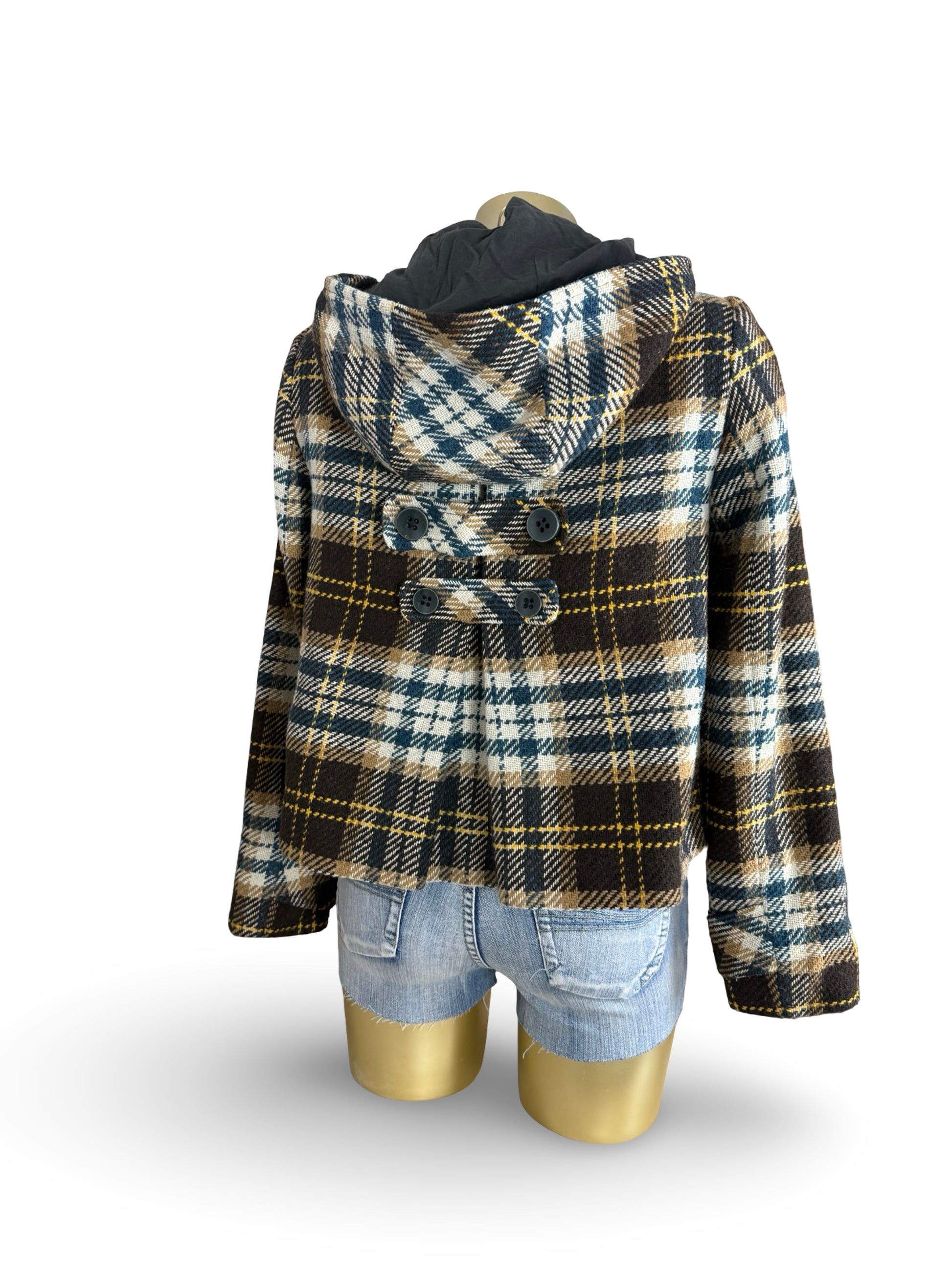 Beige check print hooded wool coat (M)