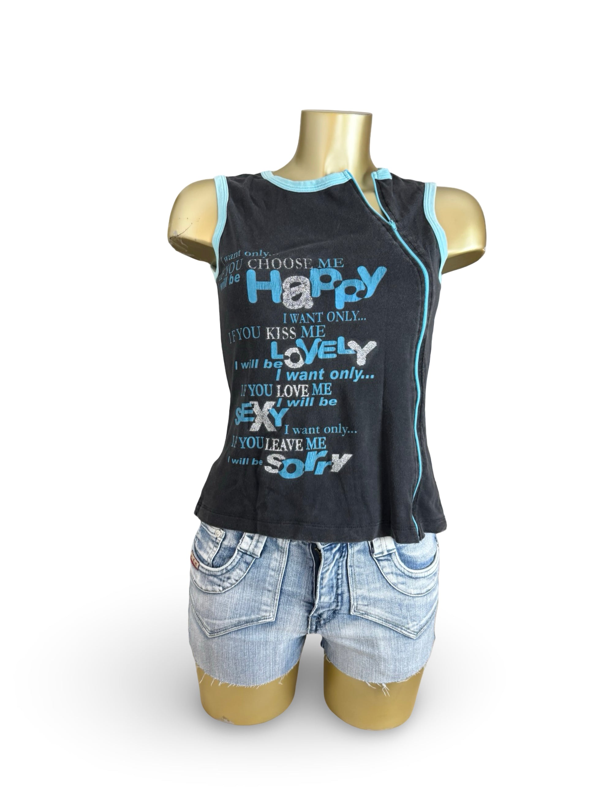 Black zip up cotton graphic tank top (L)