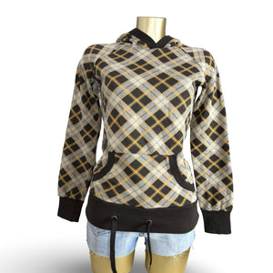 Brown check print cotton hoodie (S)